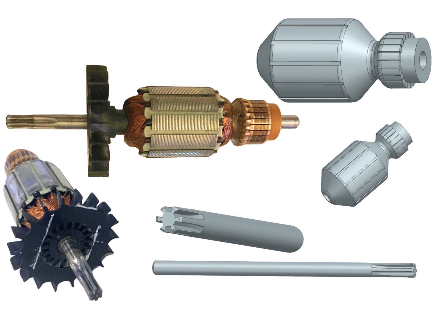 Physical jigsaw motor assembly next to CAD models of the rotor, shaft and related components.