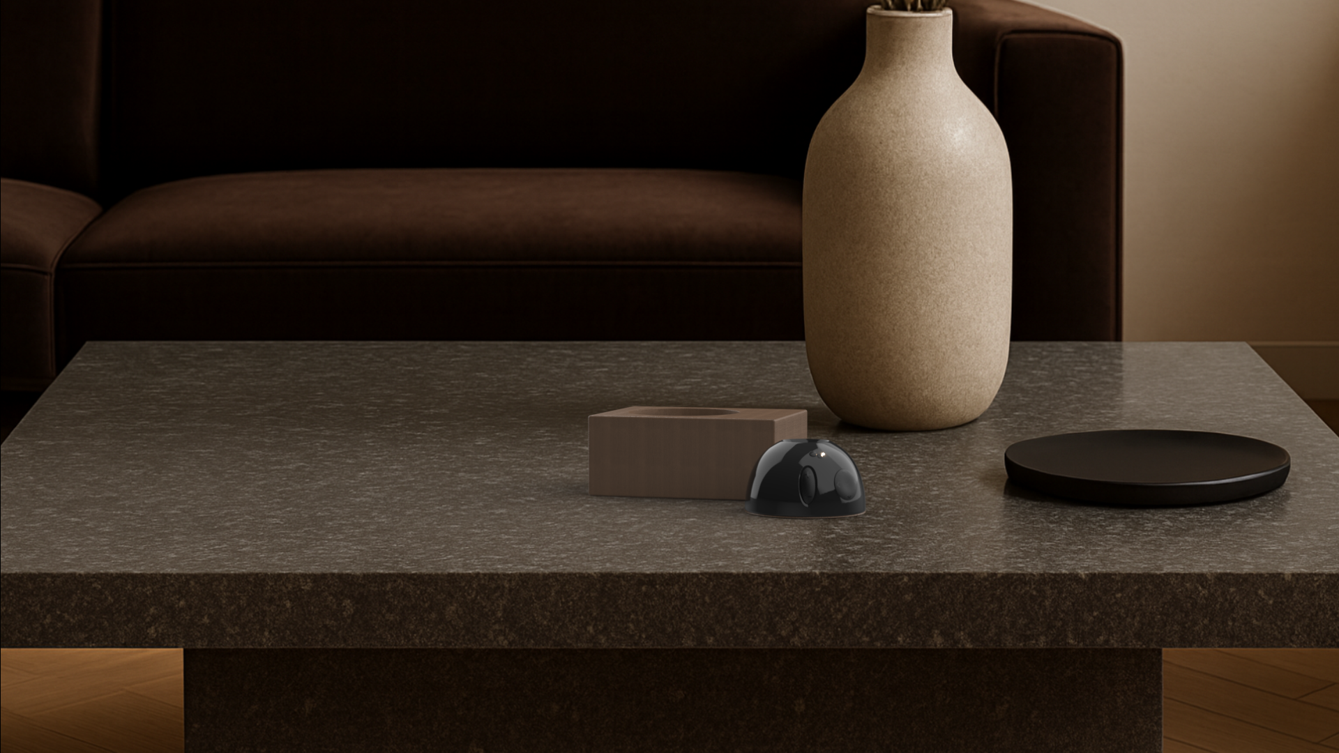 Render of the remote control and its separate wooden storage base placed on a coffee table in a living room with a dark sofa and a ceramic vase.
