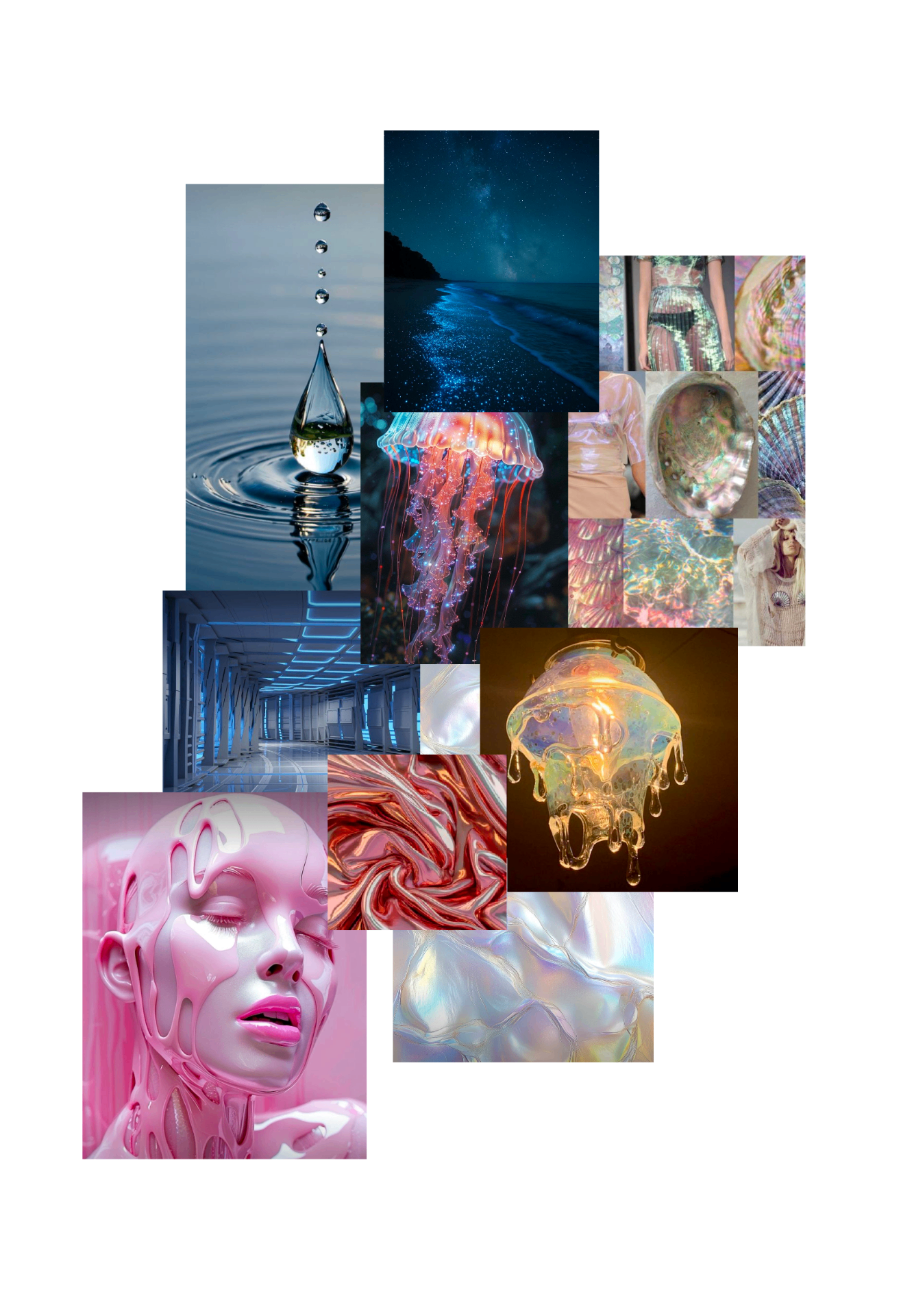 Moodboard with jellyfish, water droplets, iridescent surfaces, bioluminescence and luminous imagery.