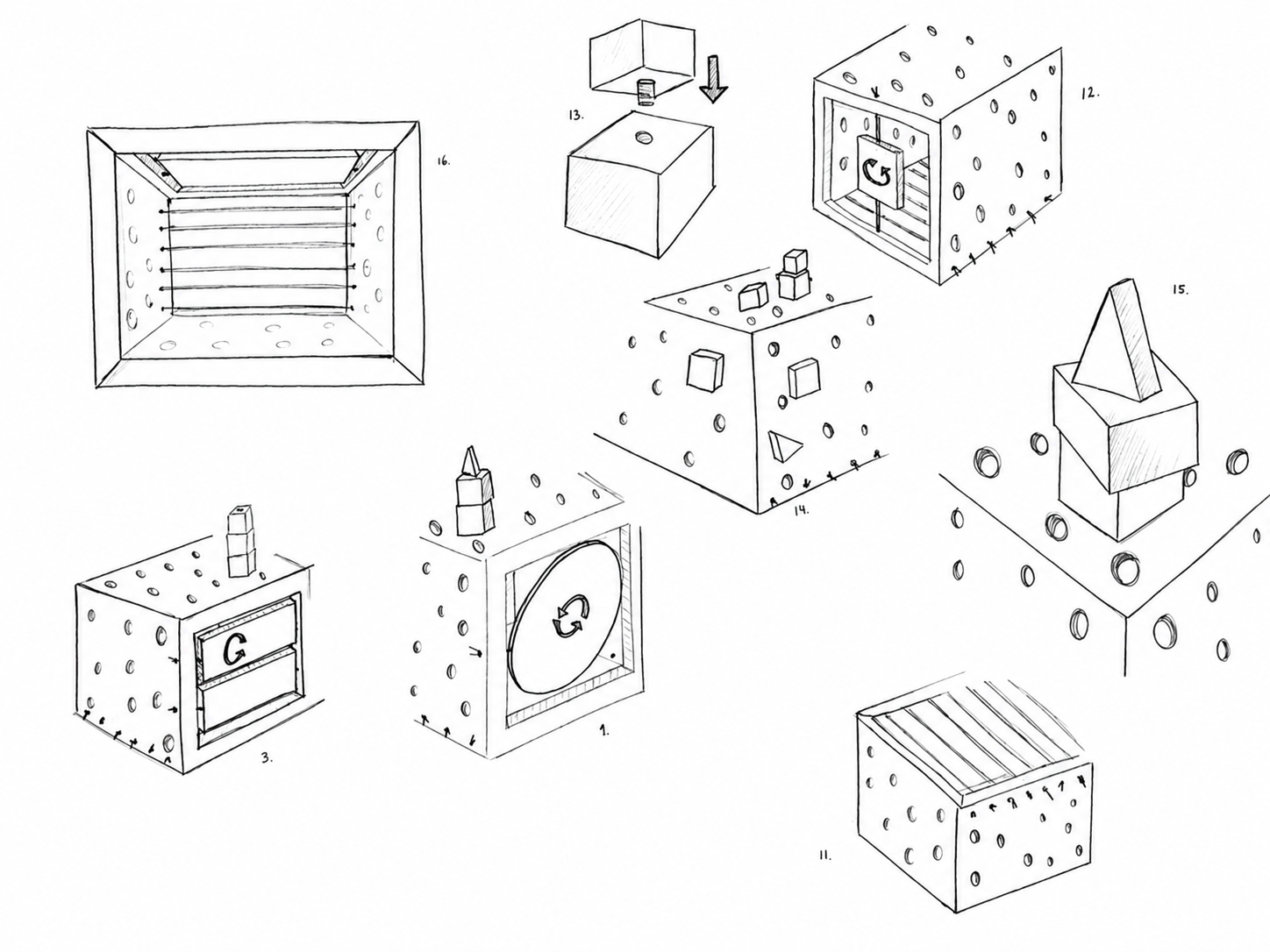 Black and white sketch page with several numbered concept drawings of activity box variations.