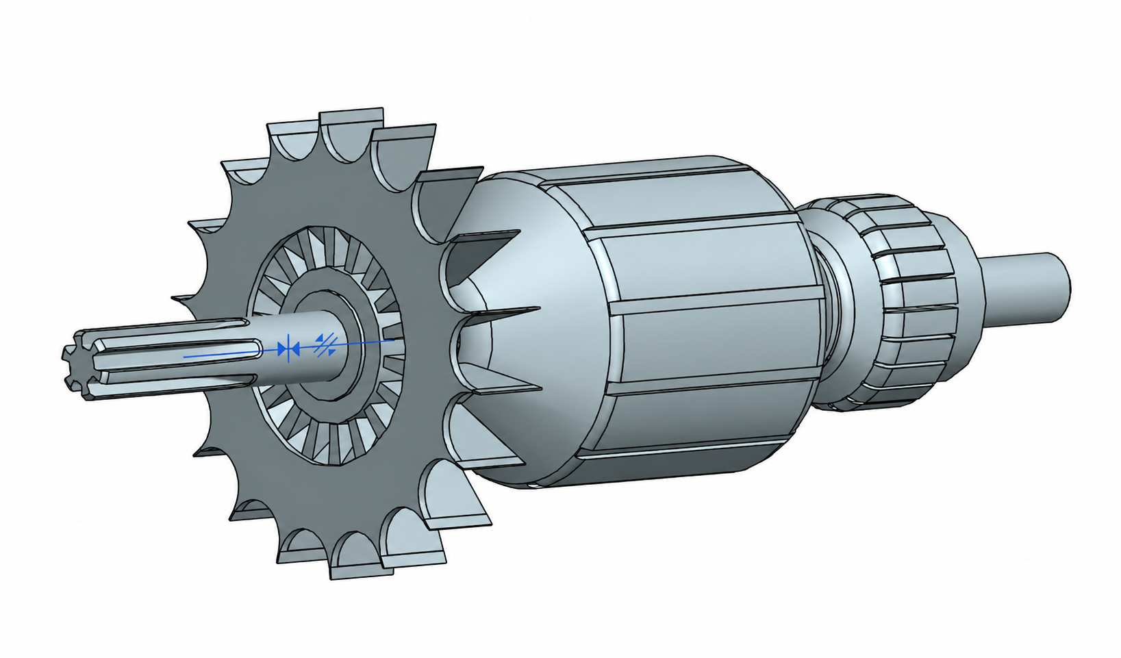 CAD render of the reverse engineered components assembled together, showing the sprocket, rotor body, gear and shaft as one unit.