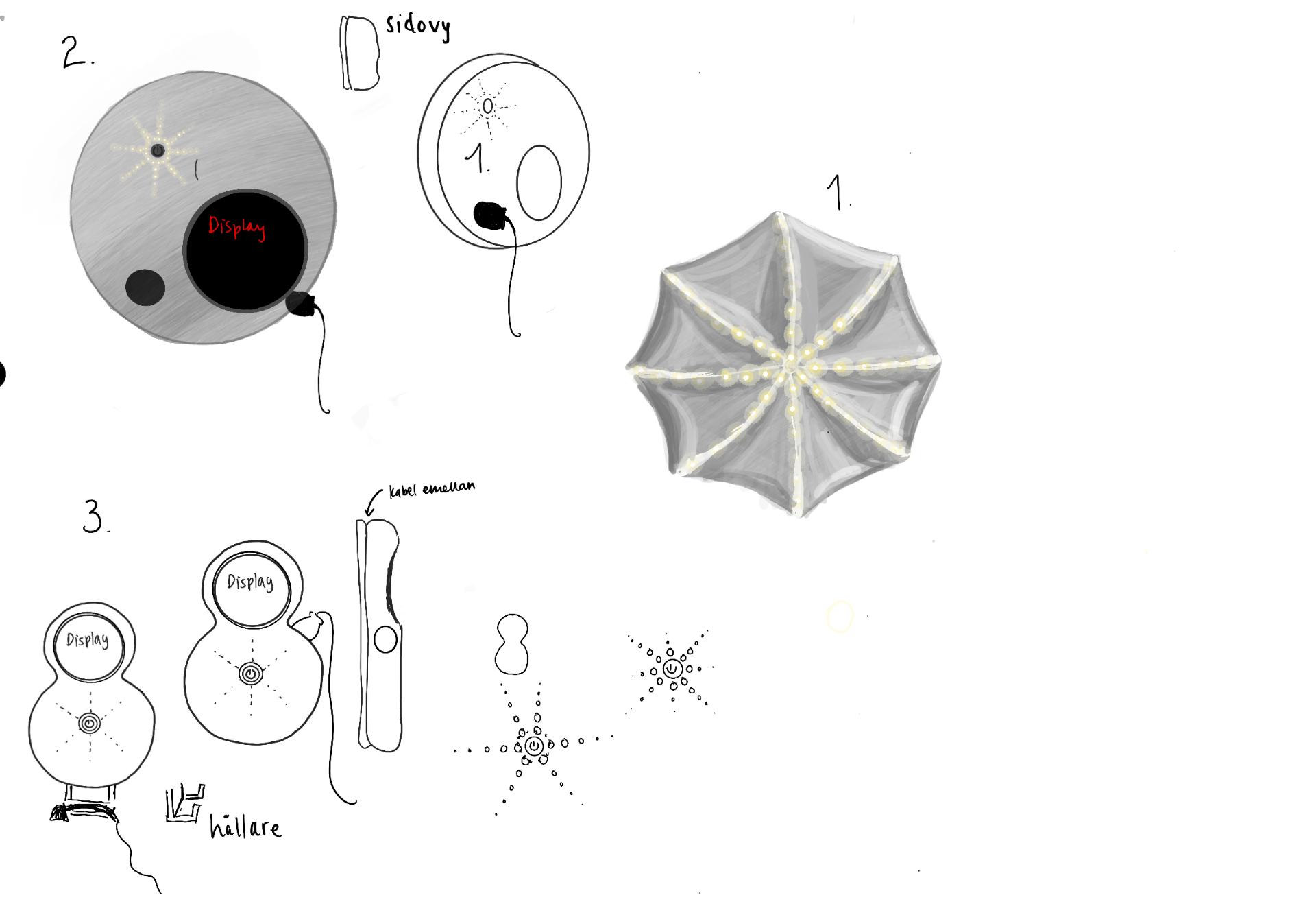 Digital sketch sheet showing three early EV charger concepts with different circular and figure of eight silhouettes, handwritten notes and studies of the radial light pattern.