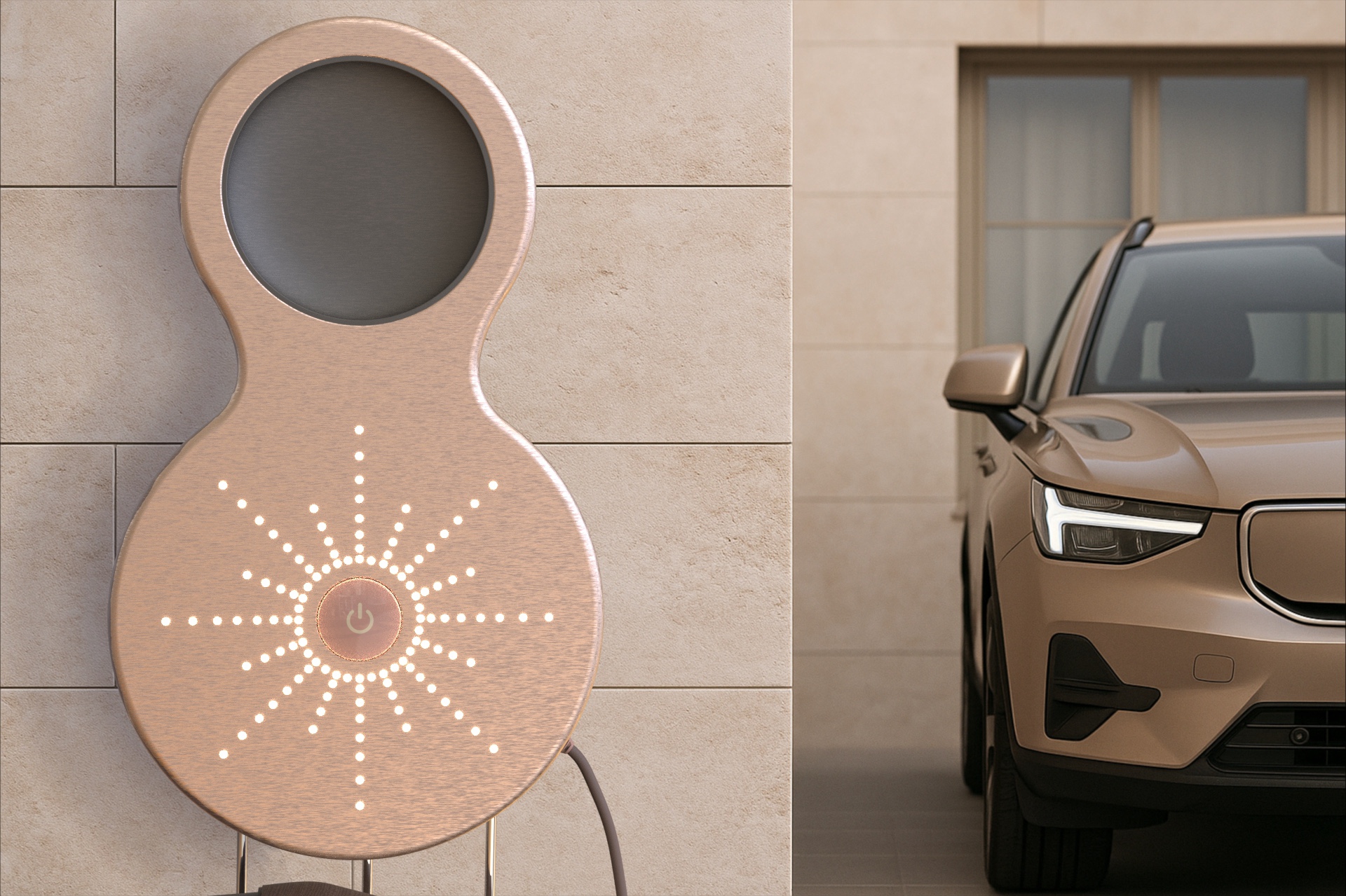 Wall mounted EV charger illuminated against a beige stone wall with a bronze car parked next to it.