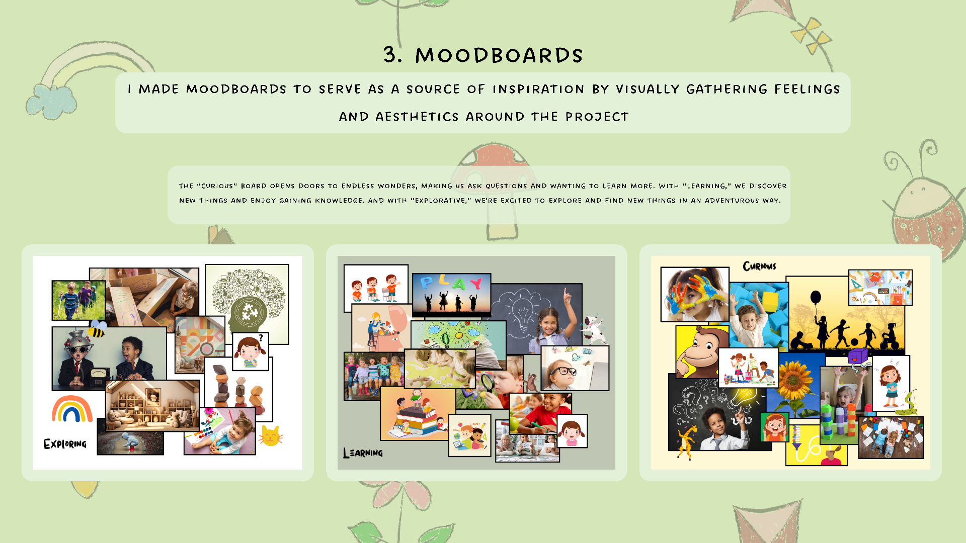 Moodboard page with three collages titled Exploring, Learning and Curious.