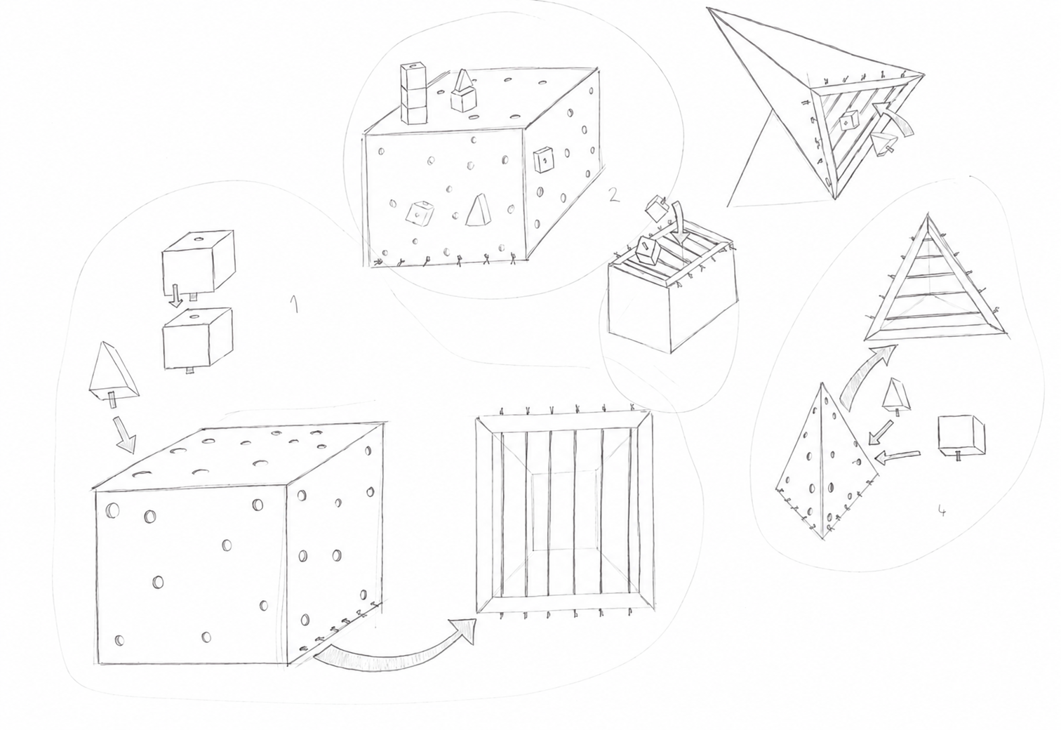 Pencil sketch page showing several early concept directions for the activity box, including cube and pyramid shapes.
