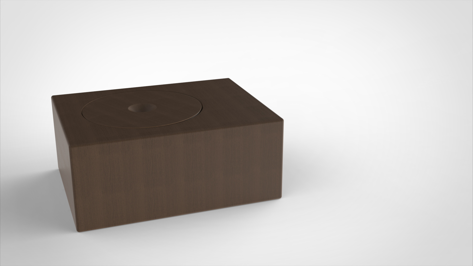 Render of the separate wooden storage base with a shallow circular recess in the top, designed to hold the dome remote when it is not in use.