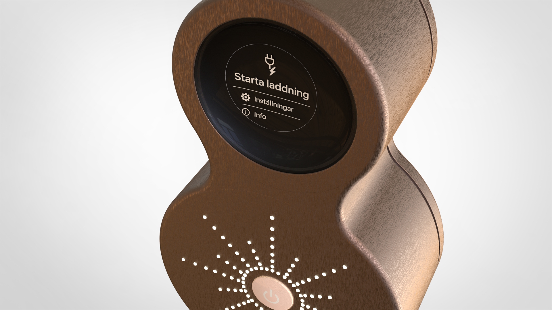 Close up render of the circular display showing a start charging prompt with settings and info options below.
