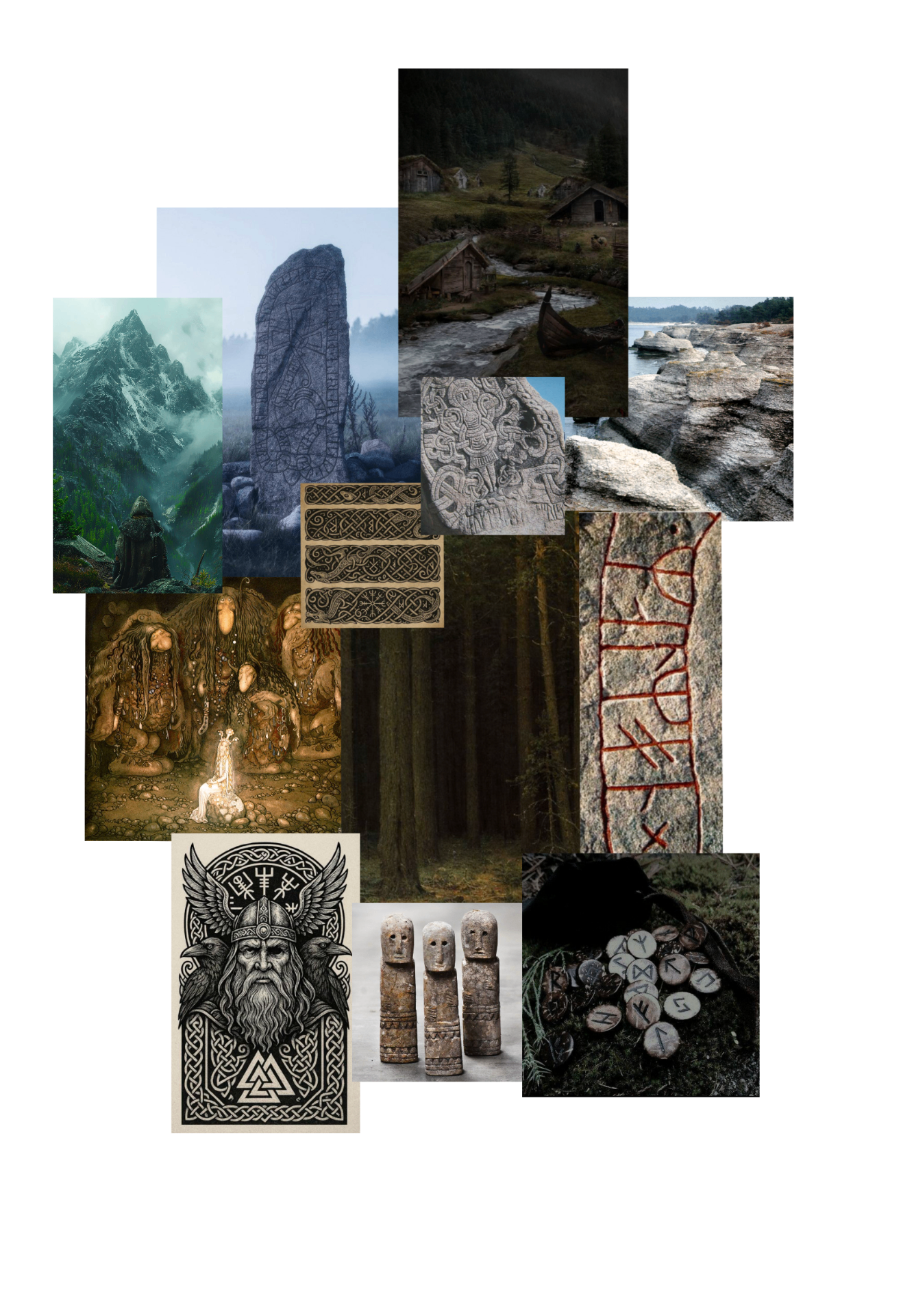 Darker moodboard with runestones, forests, carved symbols and Norse mythological references.