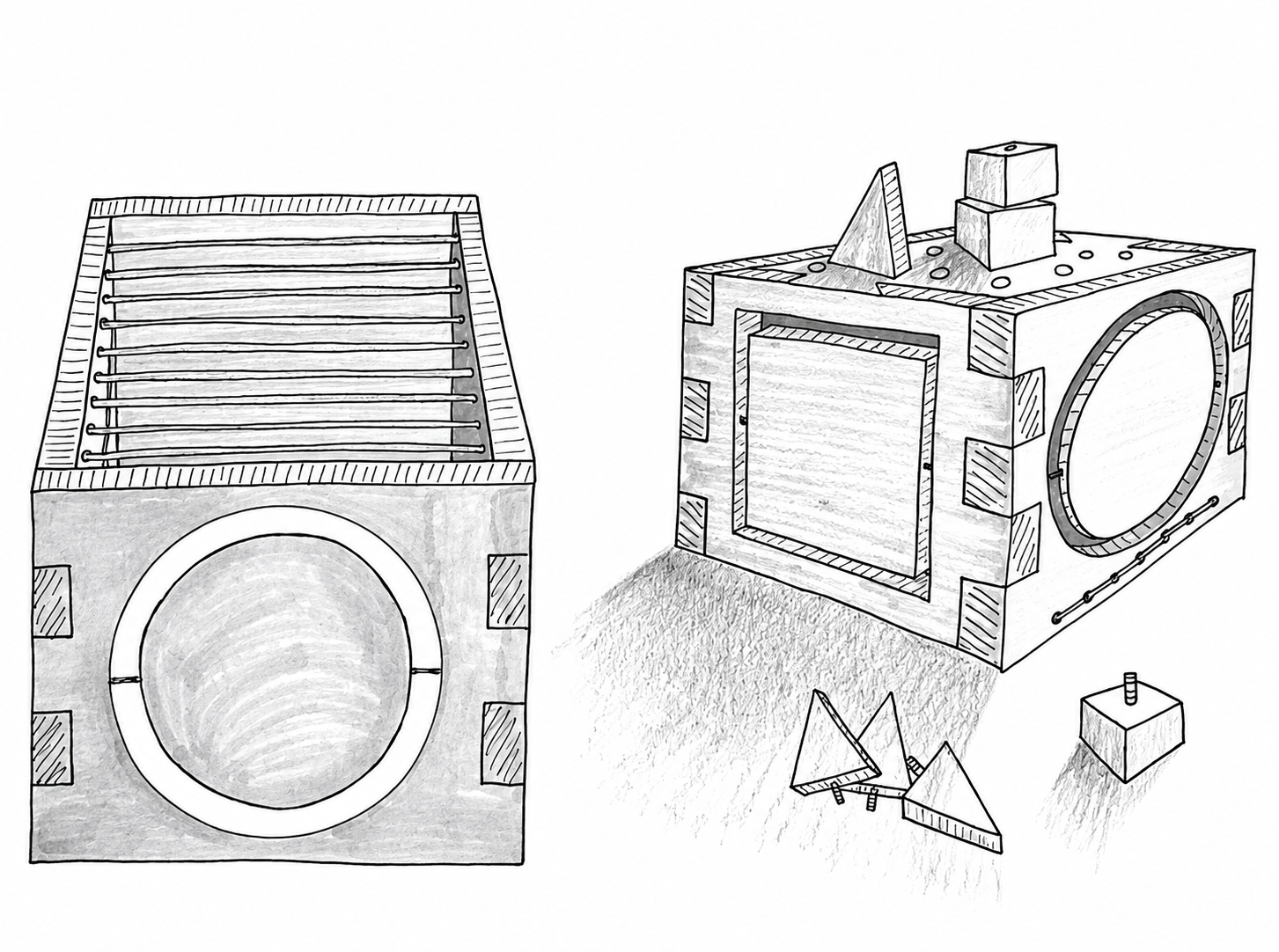 Black and white rendered sketches of two activity box concepts with rubber bands, shape openings and building elements on top.