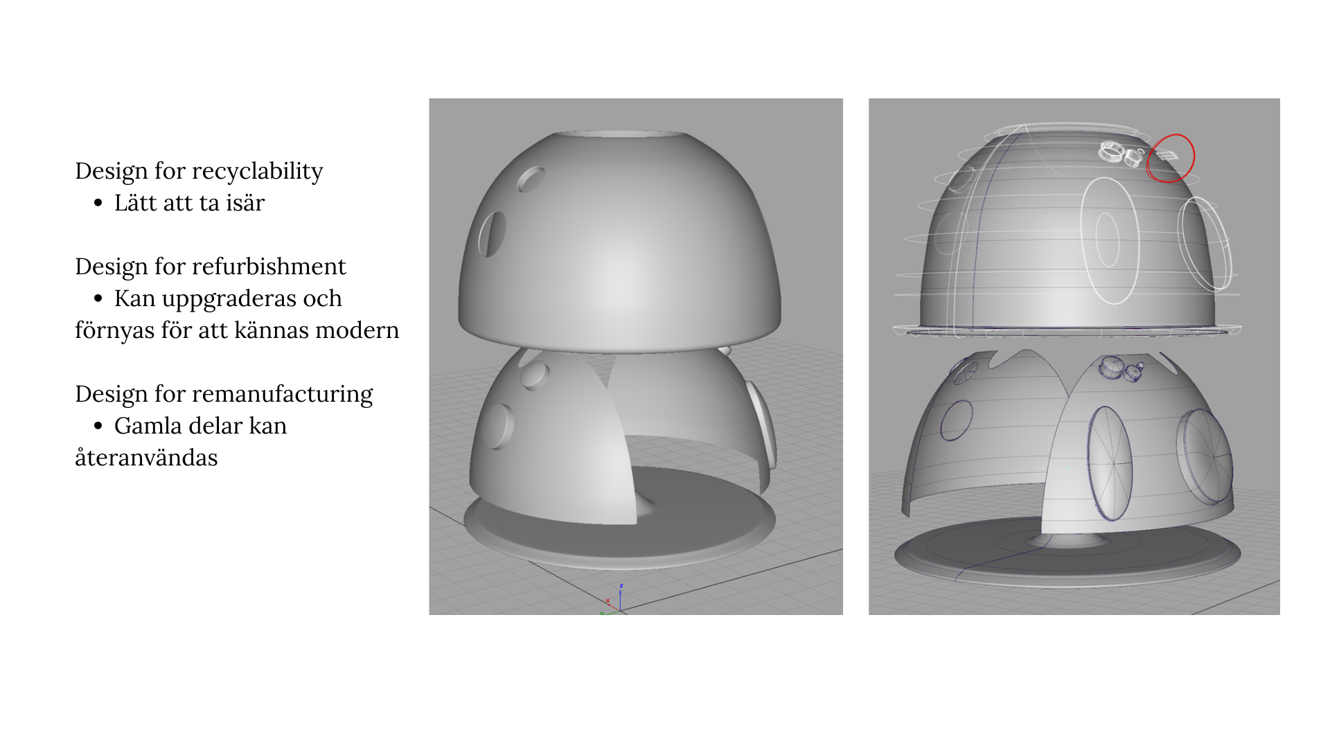 Circularity slide with design for recyclability, refurbishment and remanufacturing notes on the left and two CAD views of the dome remote on the right, one rendered and one wireframe, showing the exploded modular construction.