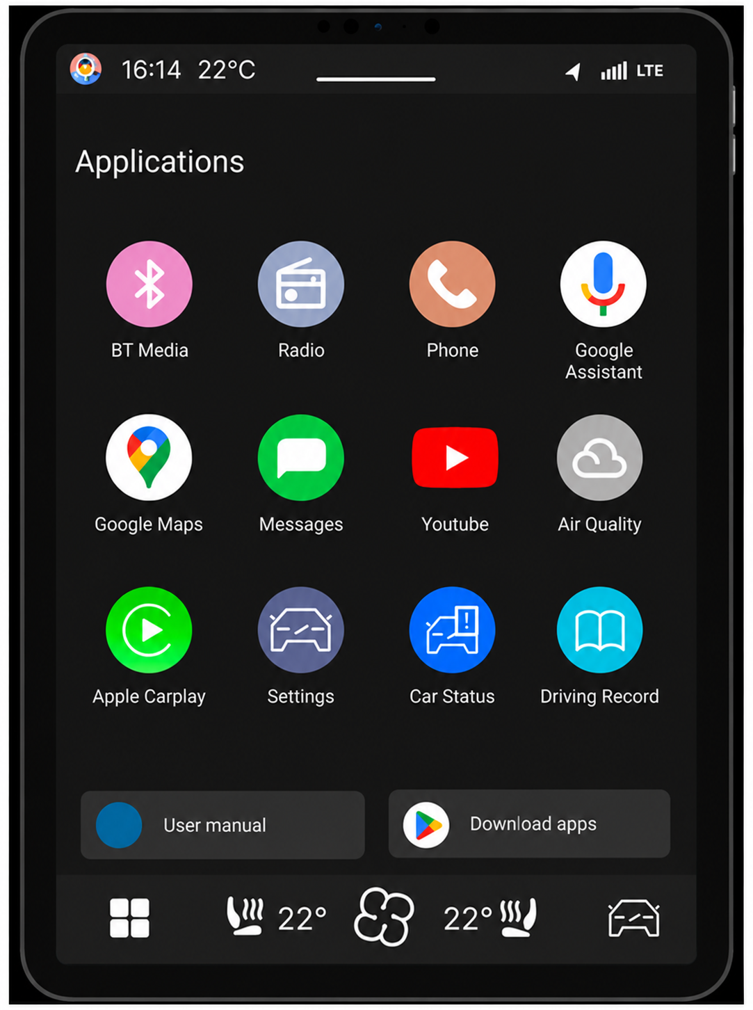 Existing Volvo infotainment interface showing a grid of application icons.