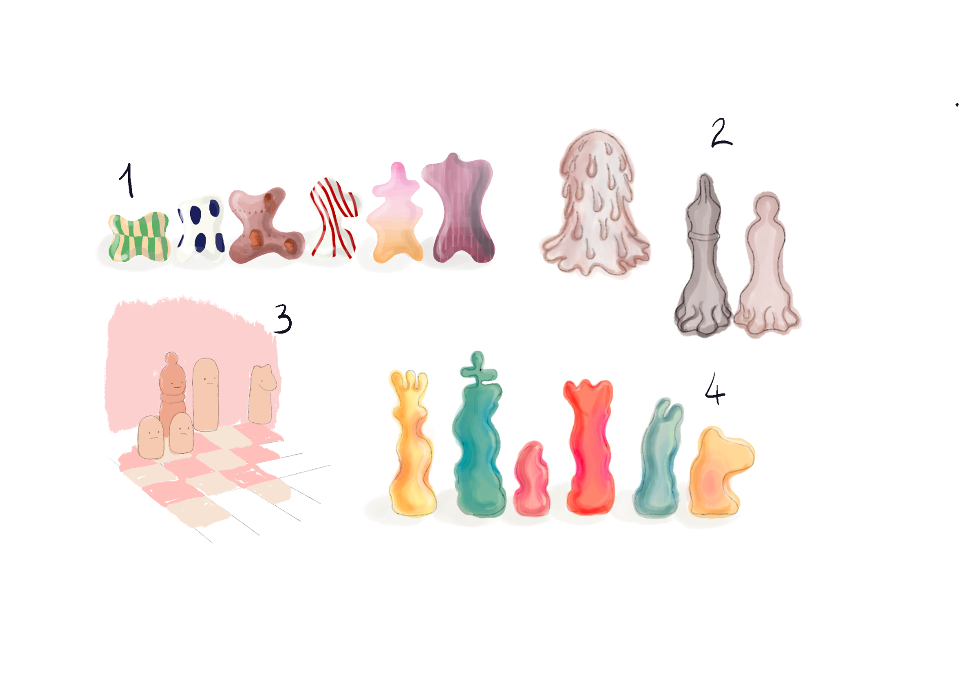 Sketch sheet showing four numbered early concept directions for the chess set, from small rounded pieces to taller sculptural silhouettes.