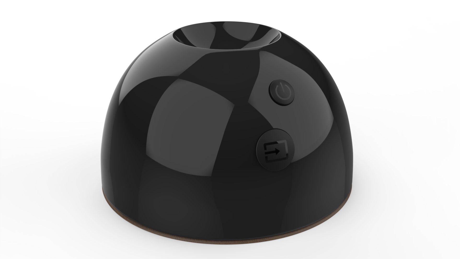 Rear angled view of the dome remote showing the round power button and a smaller additional function button integrated into the curved shell.