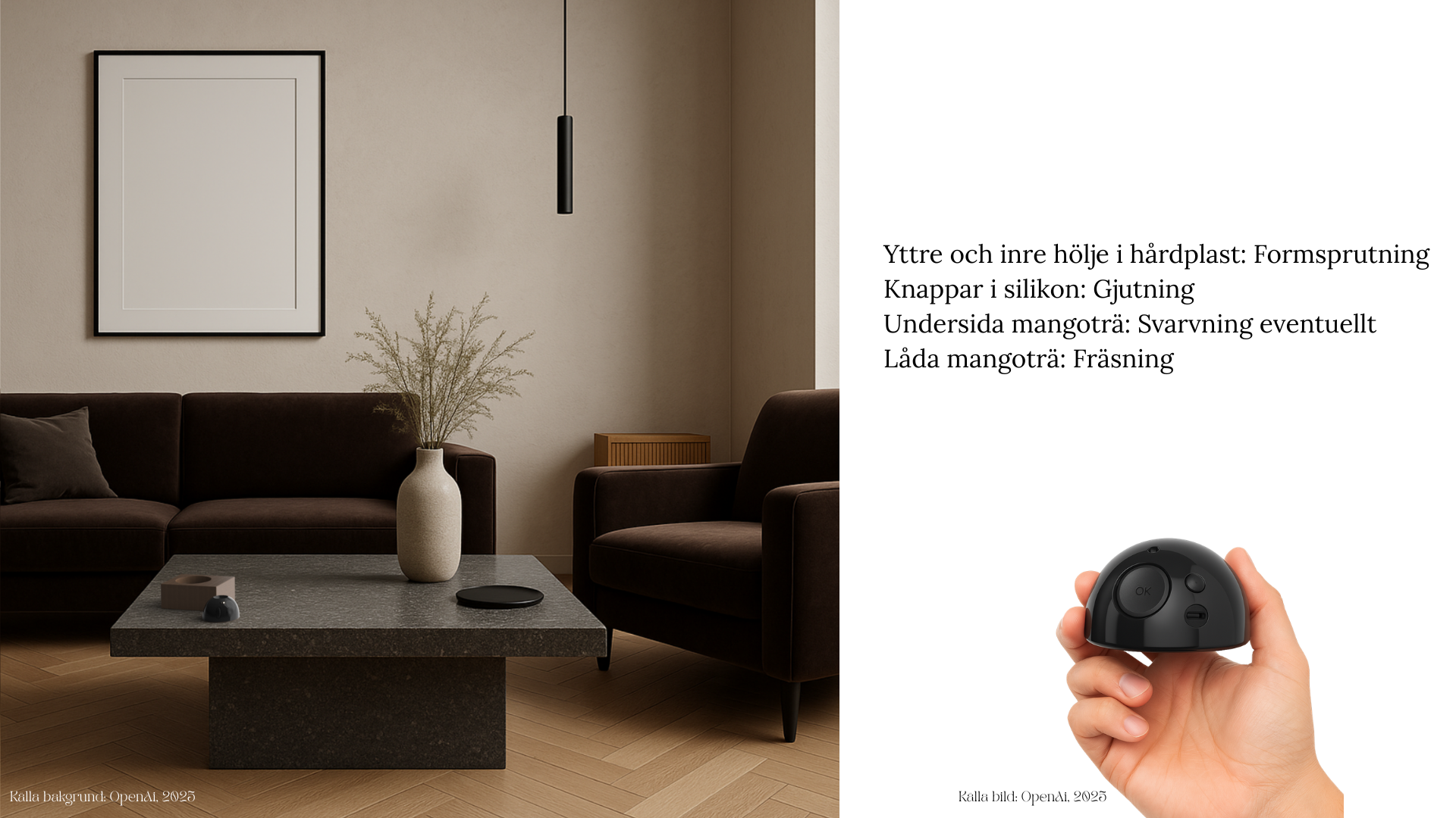 Materials and manufacturing slide with a living room image on the left and a list of proposed processes on the right, alongside a photograph of the remote control held in a hand.