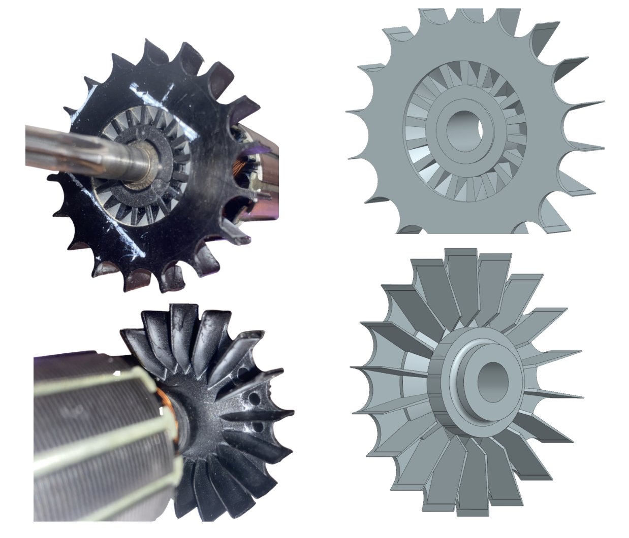 Physical fan component alongside CAD renders of the fan from the front and rear.