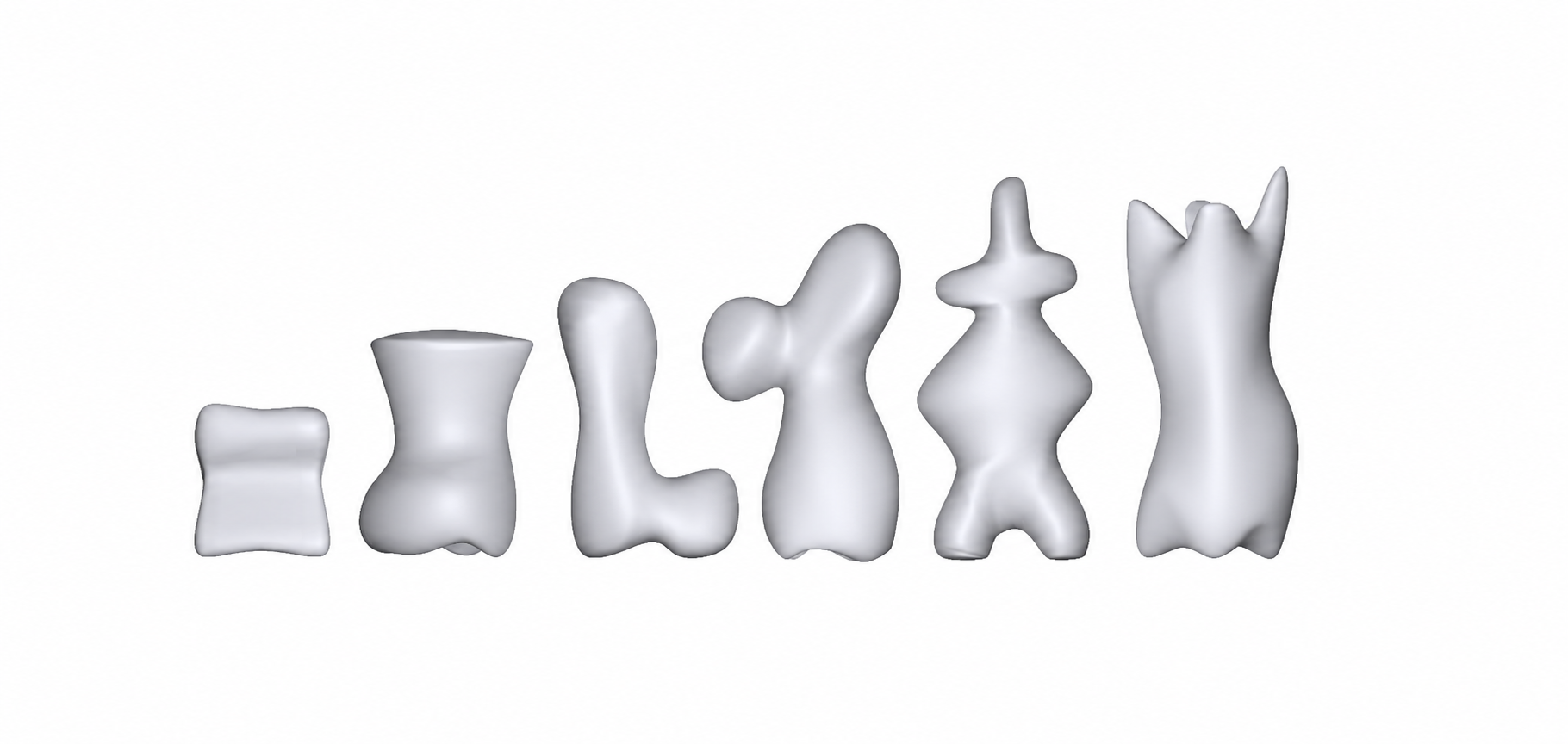 Digital render of six unpainted chess pieces in white, showing the organic forms and different silhouettes of the set.