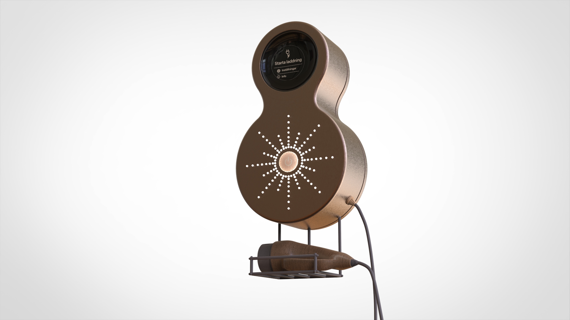 Rendered wall mounted EV charger with a warm brown metallic finish, circular display, illuminated radial light pattern around a central button, and a connector resting in a wire holder below.