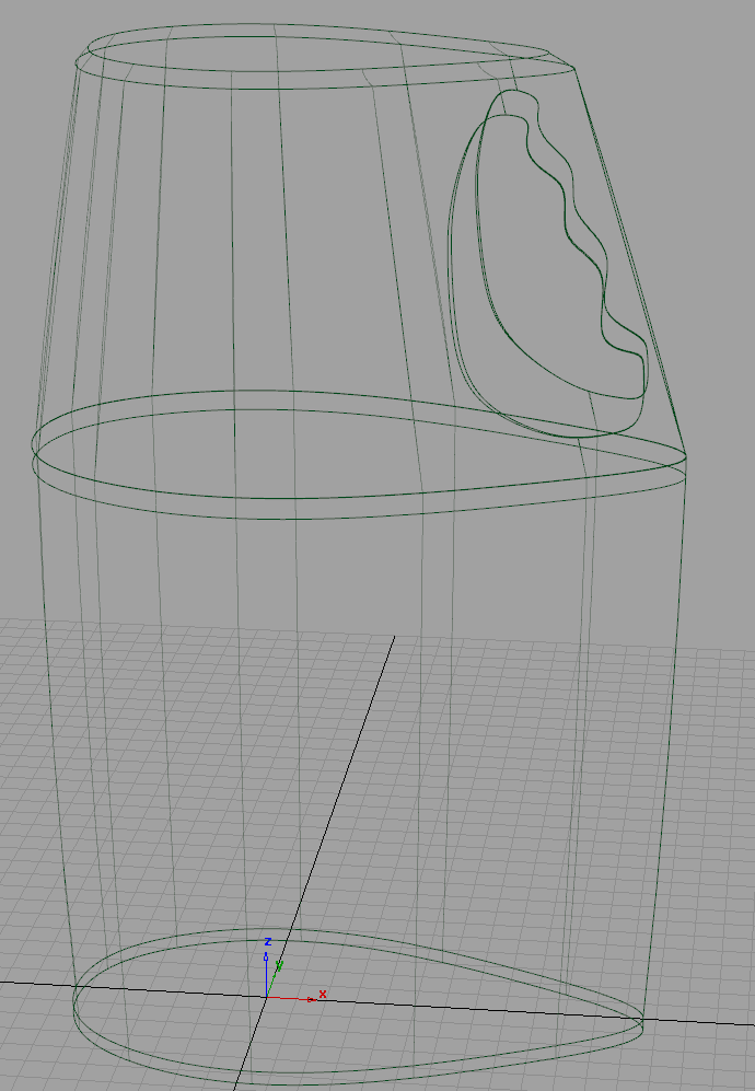 Alias wireframe of the Hydrix bottle body showing the asymmetrical silhouette and integrated handle recess.