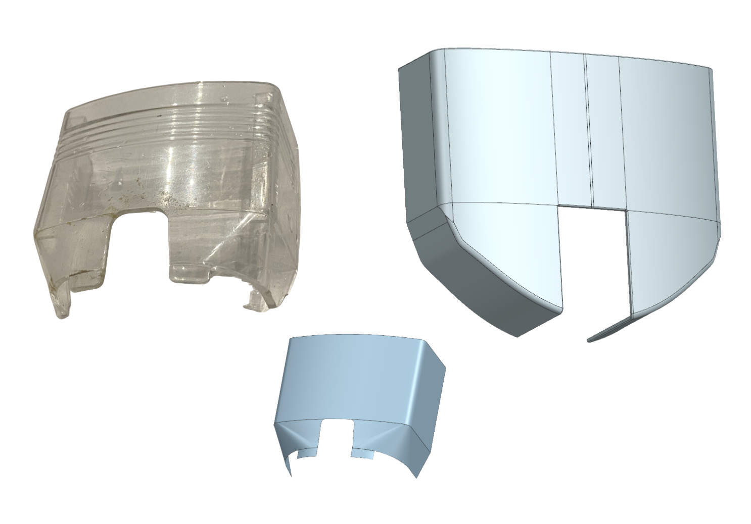 Original transparent protective visor next to CAD models of the adapted visor.