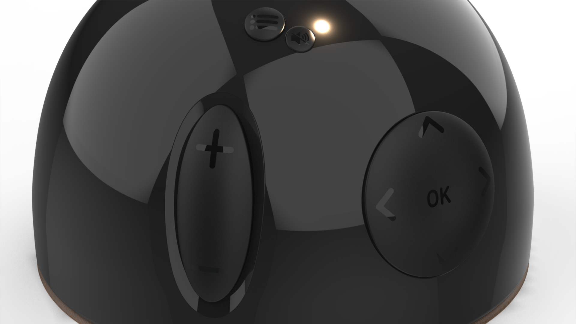 Close front view of the dome remote showing the vertical volume button on the left and the circular navigation button with OK button on the right.