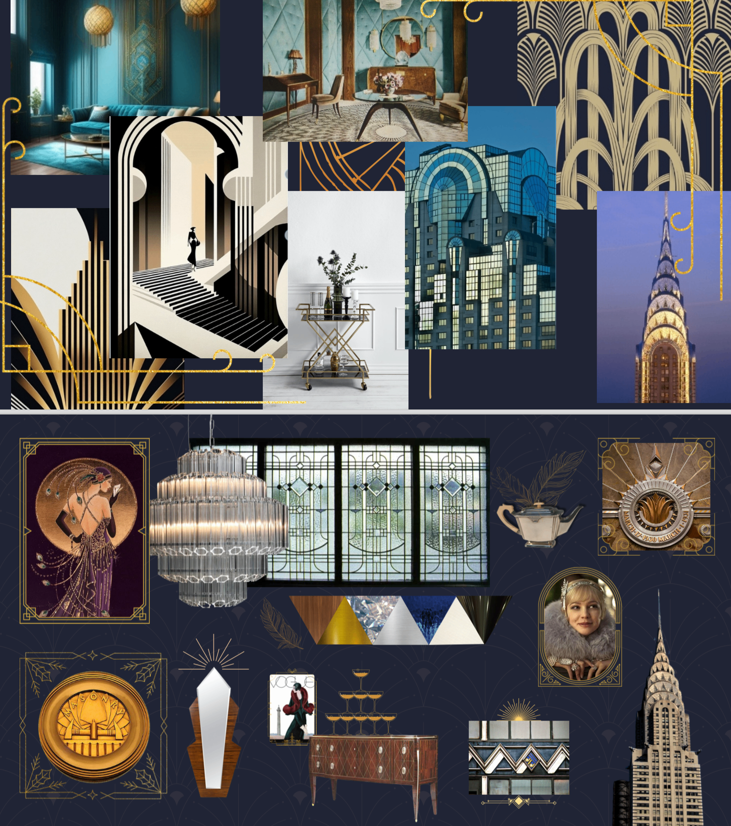Two part reference board with an Art Deco moodboard on top and a themeboard below, showing deep blue and gold interiors, geometric patterns, the Chrysler Building, decorative details, materials and characteristic Art Deco motifs.