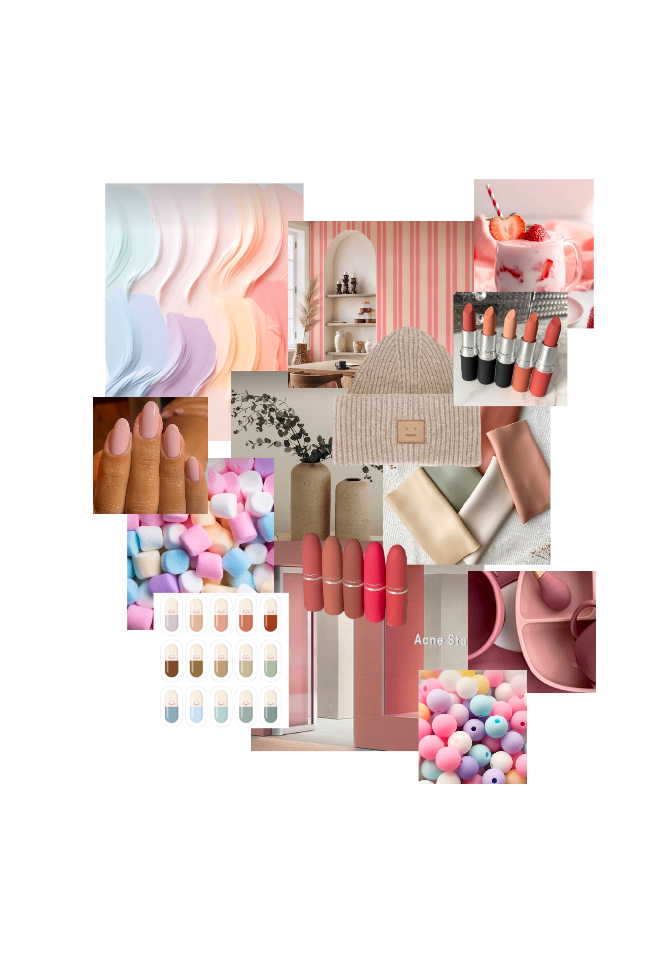 Pastel moodboard with soft pinks, makeup, marshmallows, beige knitwear and muted interior imagery.