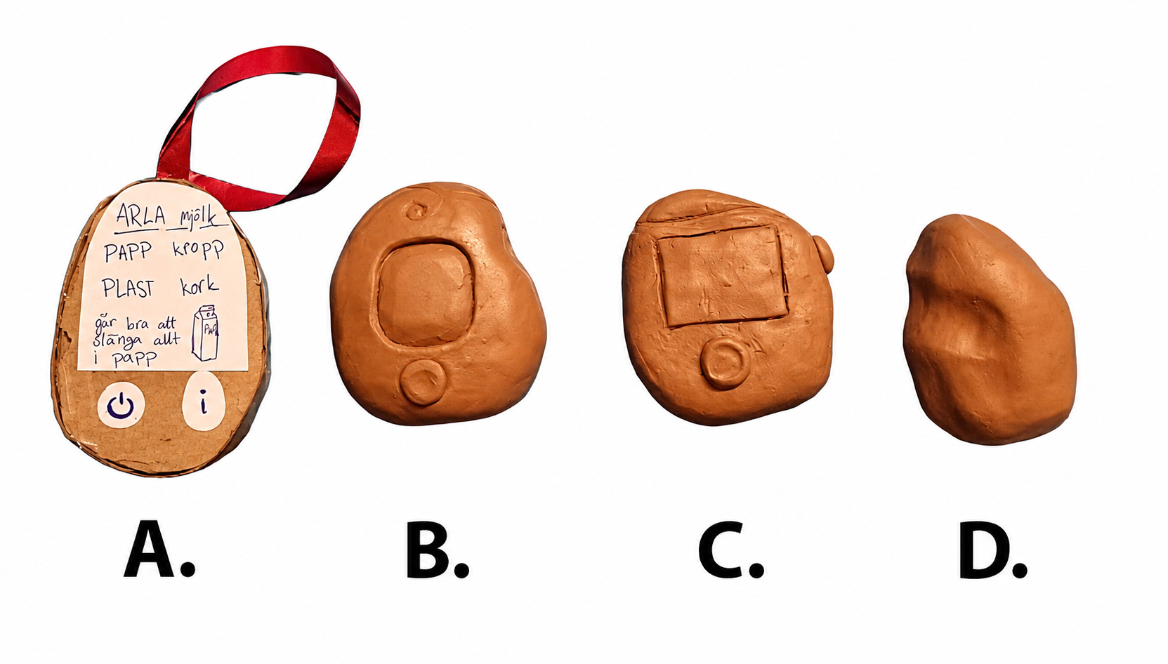 Four physical form studies of GIDO labelled A, B, C and D. A is a cardboard mock up with a handwritten label, B, C and D are clay models exploring different shapes, screen placements and button positions.