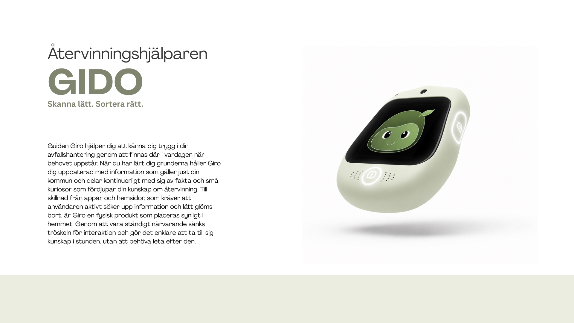 Booklet page — Återvinningshjälparen GIDO. Product introduction with a floating render of the GIDO device.