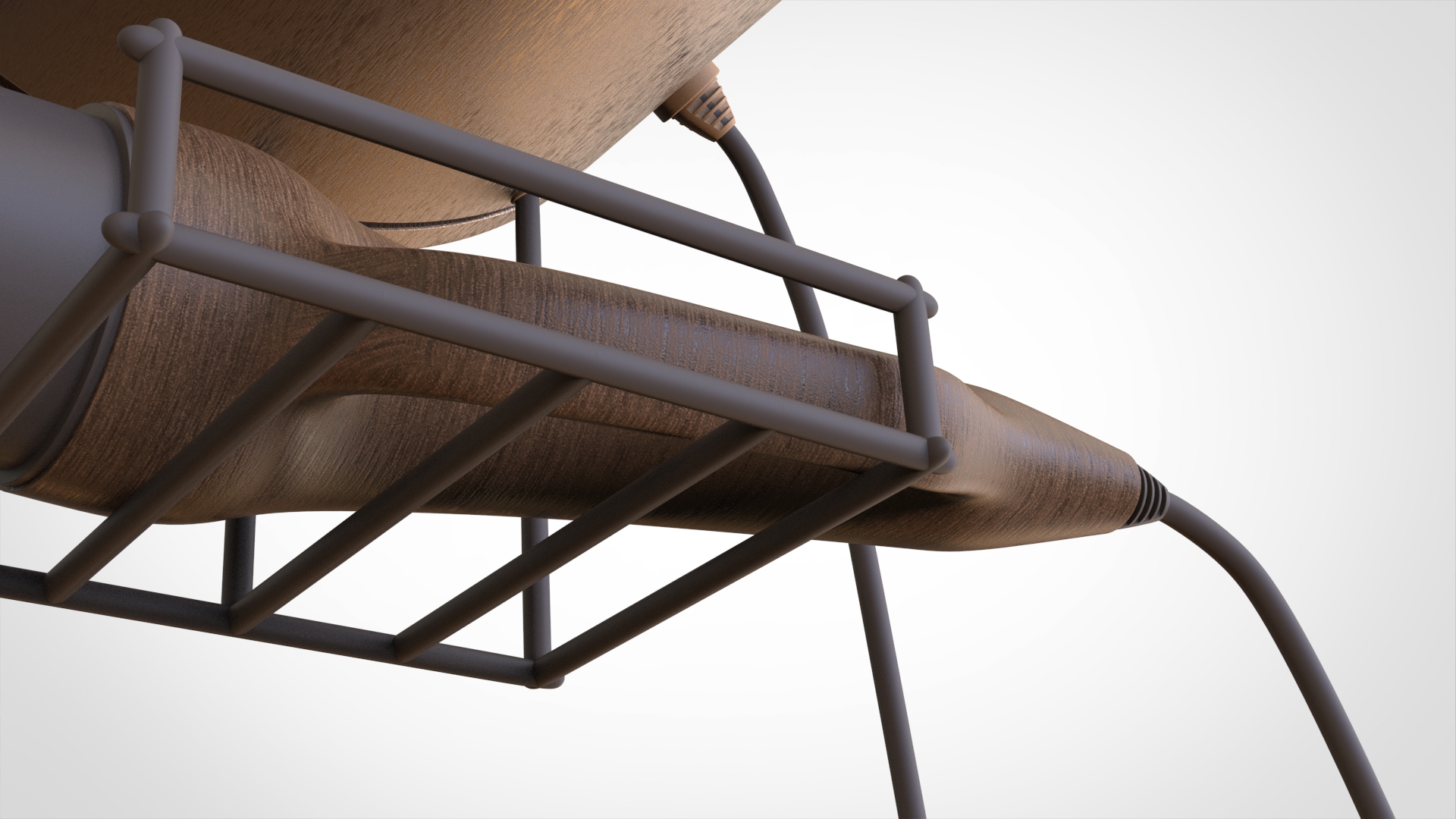 Close up render of the wire holder beneath the charger cradling the connector, with the cable running back into the base of the charger.