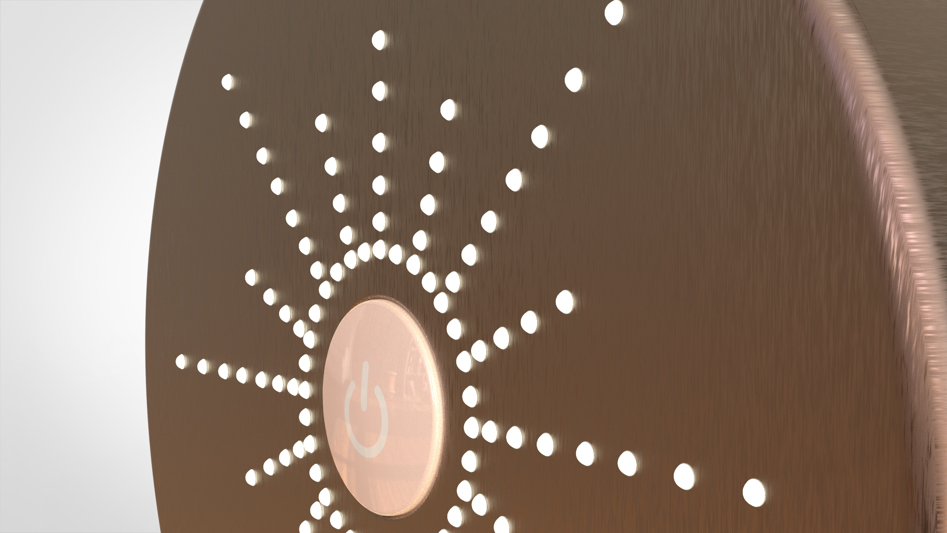 Close up render of the illuminated power button surrounded by a radial pattern of small light dots.
